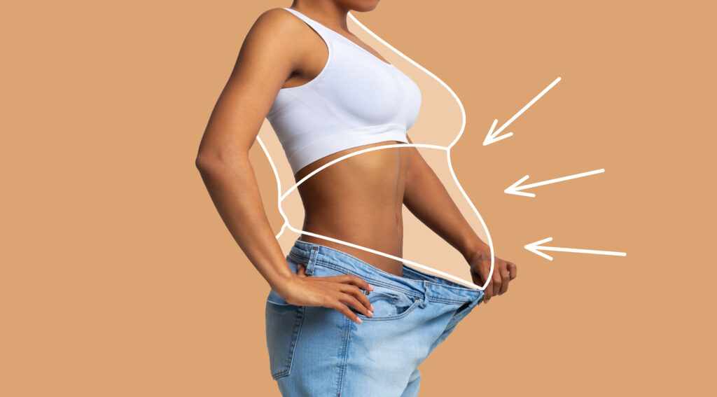 young slim african american female in big jeans enjoy weight loss result with fat abstract body around, arrows